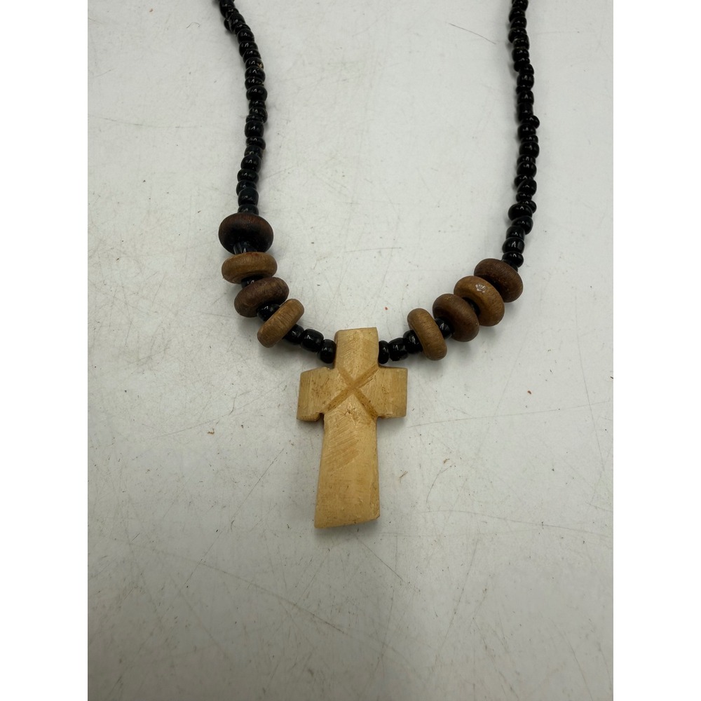 Vintage Carved Wood Cross Pendant Necklace Black and Brown Seed Beads 20 Inch